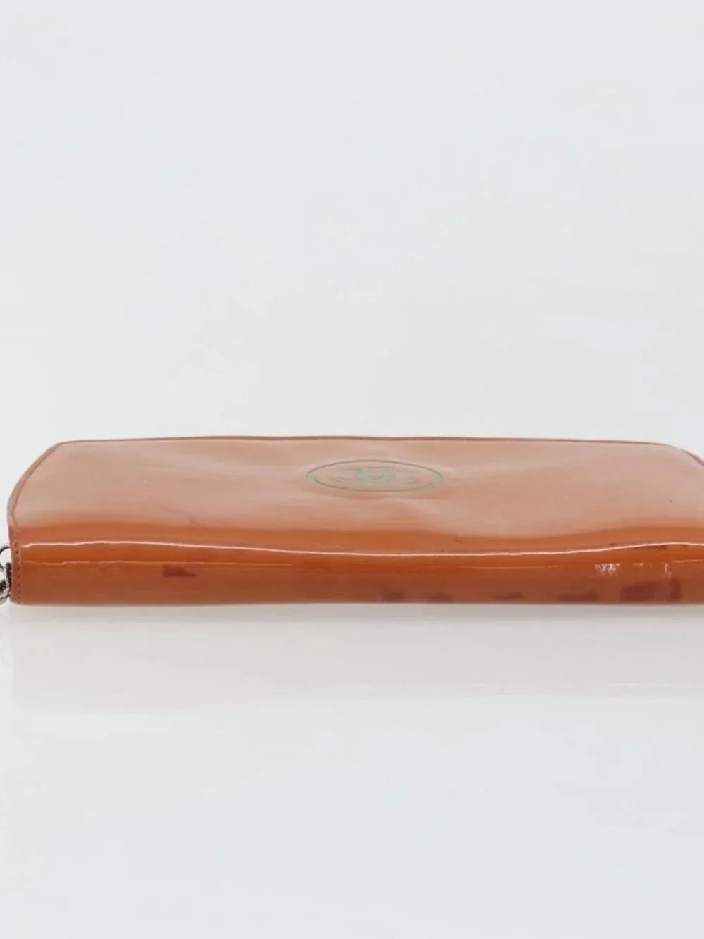 CHANEL Long Wallet Patent leather Orange Silver CC Auth bs34871